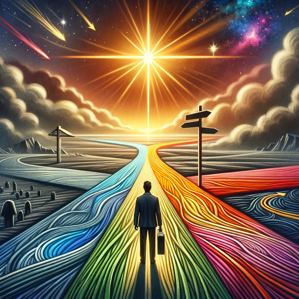 Create a compelling and inspiring image that encapsulates the theme of aligning one’s career with their inner passion and purpose. The image should feature a person standing at a crossroads, with one path leading to a grey, monotonous landscape symbolizing an unfulfilling career, and the other path leading towards a vibrant and colorful horizon, representing a career aligned with one's soul's purpose. Include symbolic elements like a compass or a guiding light, representing self-discovery and guidance. The overall mood of the image should be hopeful and empowering, resonating with individuals seeking a more meaningful and fulfilling career path.