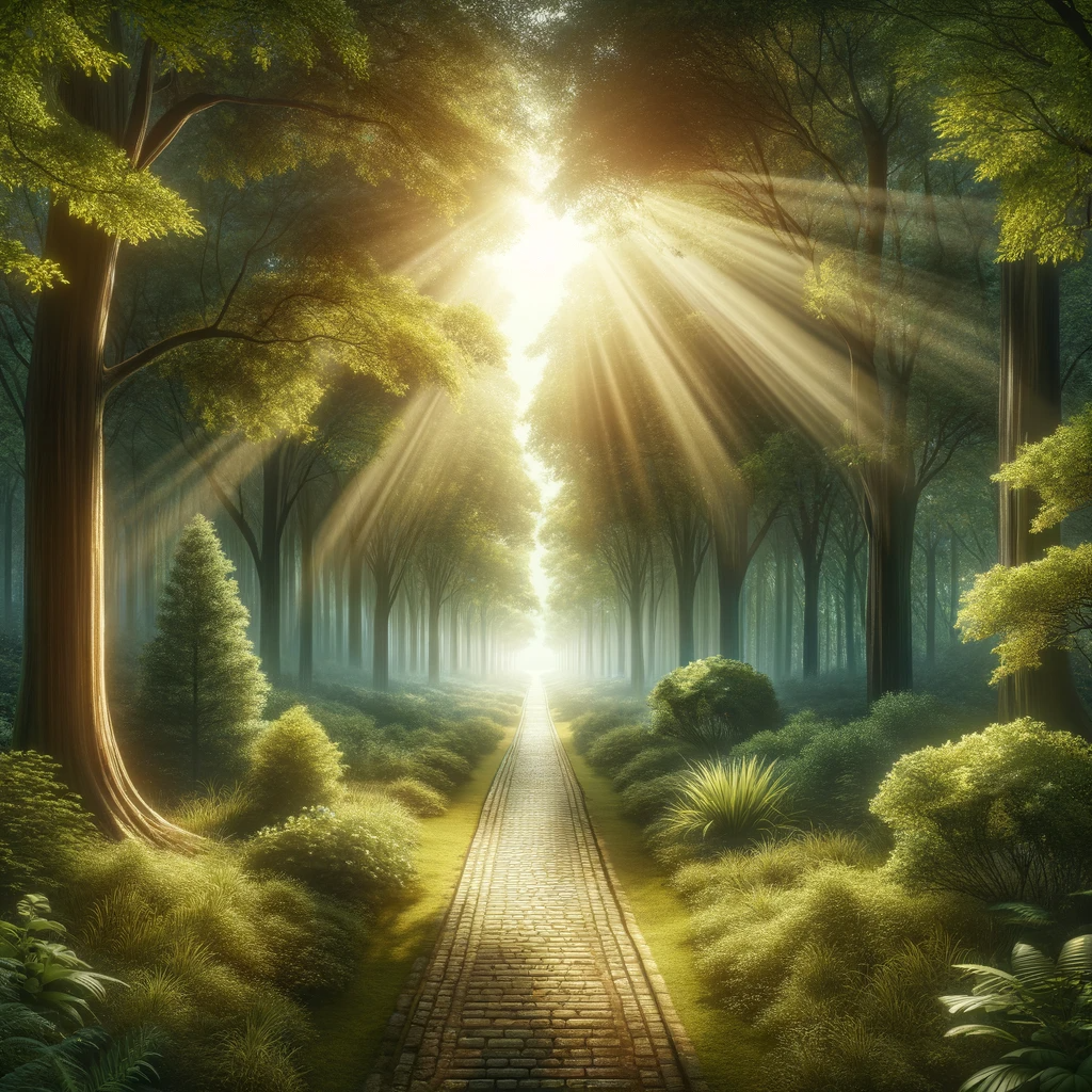 christian career coaching image of a path into the woods with sun peering through the trees
