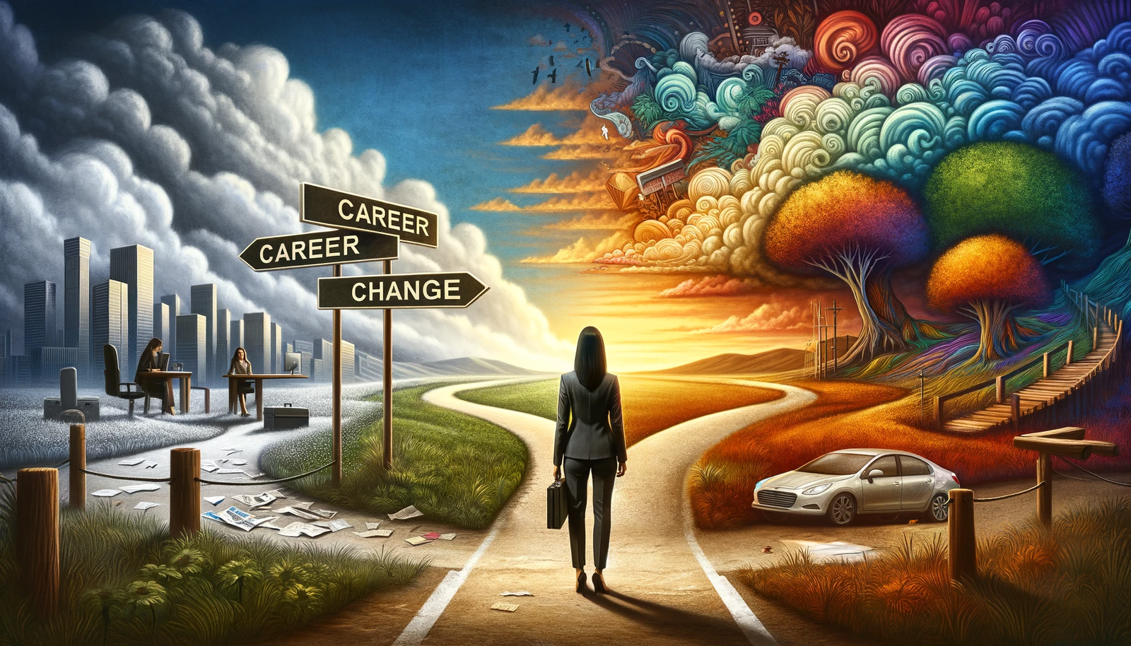 DALL·E 2024-01-29 15.27.35 - An image depicting the concept of career change and personal growth, featuring a woman at a crossroads. The image should show a metaphorical represent